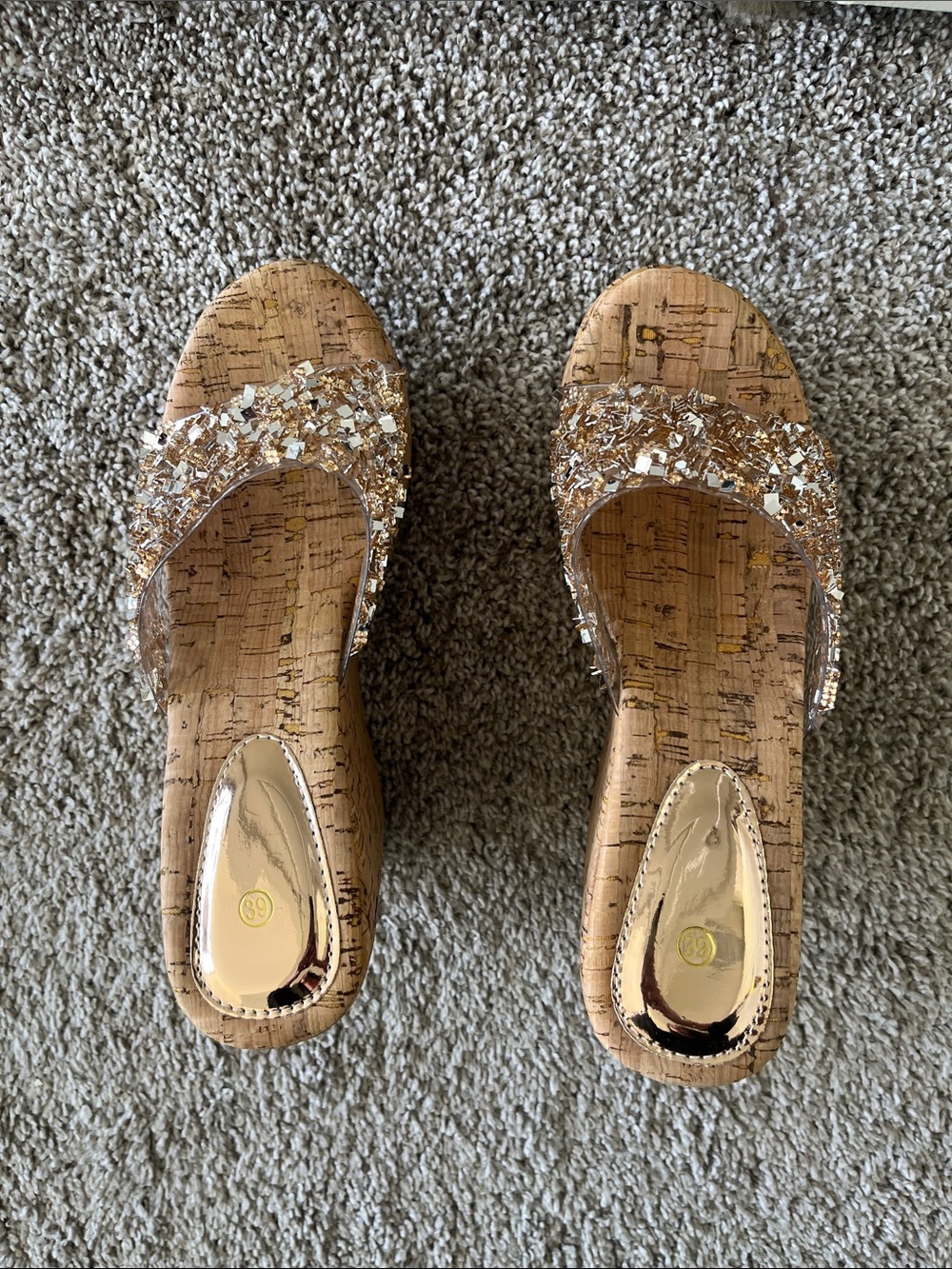 Women's Cork Slide Sandals with Gold Glitter Strap